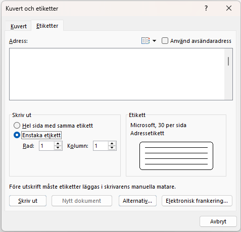 Skapa enstaka adressetikett i Word via Kuvert och etiketter